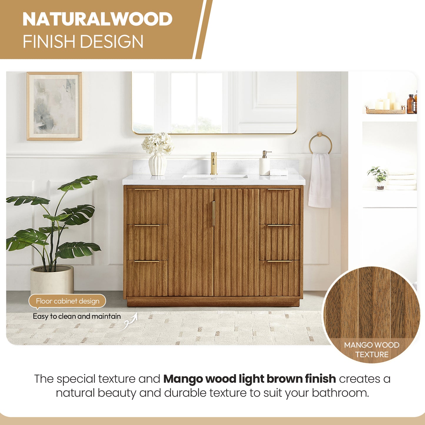 Bangkok 48" Single Sink Bath Vanity in Mango Wood Light Brown with White Grain Composite Stone Top