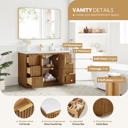 Bangkok 48" Single Sink Bath Vanity in Mango Wood Light Brown with White Grain Composite Stone Top
