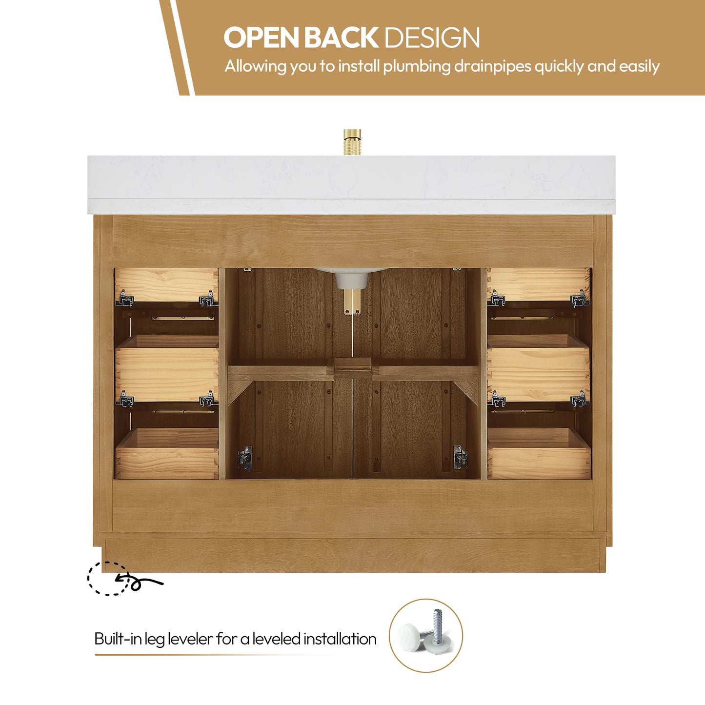 Bangkok 48" Single Sink Bath Vanity in Mango Wood Light Brown with White Grain Composite Stone Top
