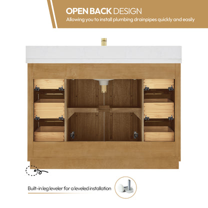 Bangkok 48" Single Sink Bath Vanity in Mango Wood Light Brown with White Grain Composite Stone Top