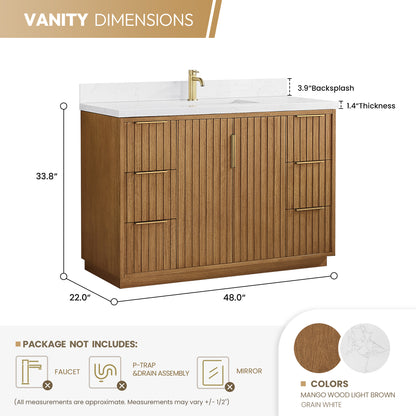 Bangkok 48" Single Sink Bath Vanity in Mango Wood Light Brown with White Grain Composite Stone Top