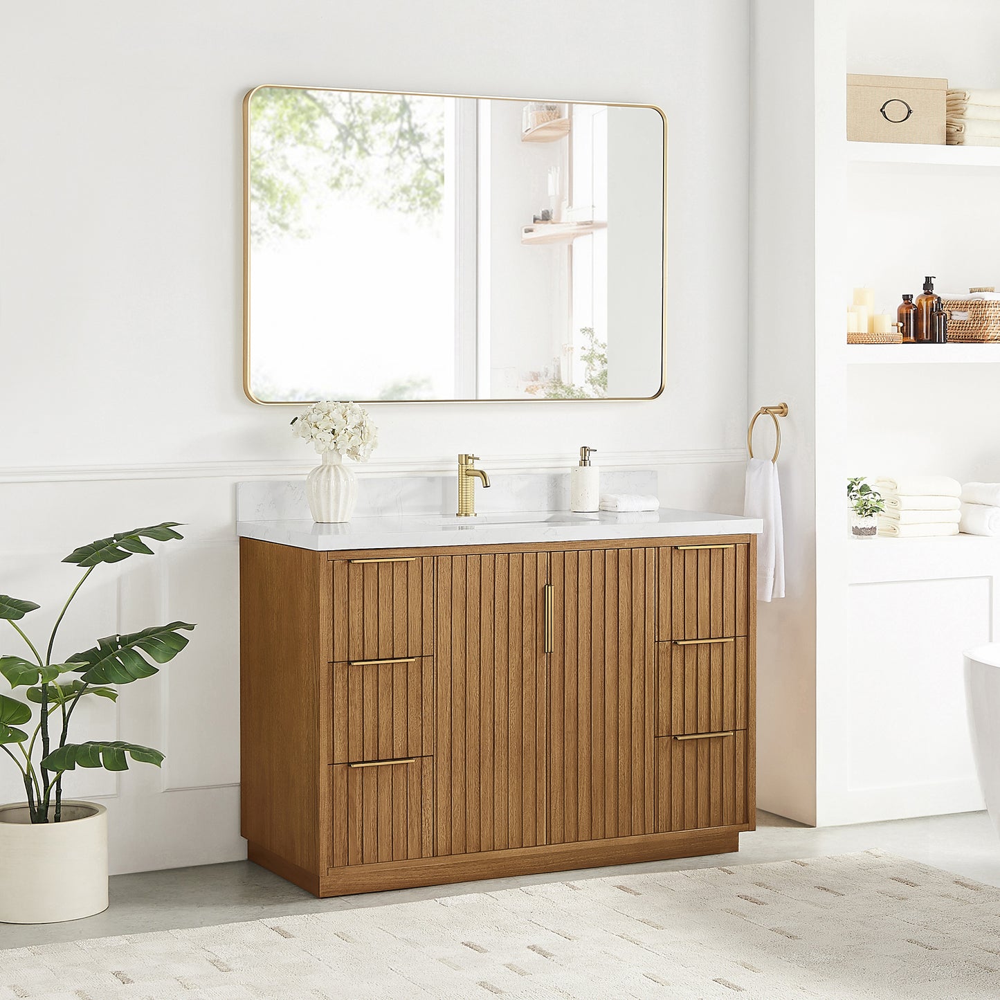 Bangkok 48" Single Sink Bath Vanity in Mango Wood Light Brown with White Grain Composite Stone Top