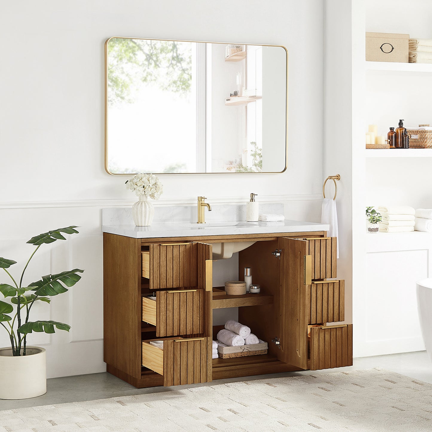 Bangkok 48" Single Sink Bath Vanity in Mango Wood Light Brown with White Grain Composite Stone Top