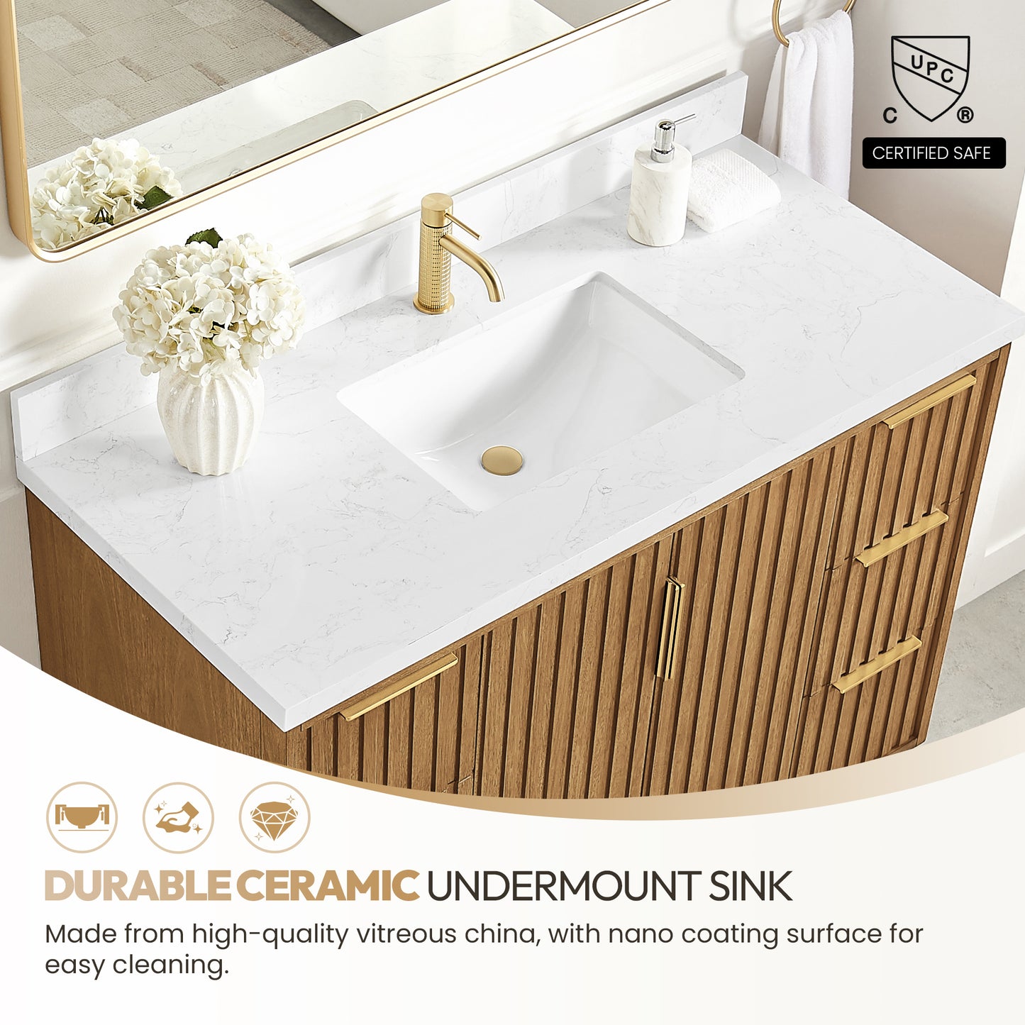 Bangkok 48" Single Sink Bath Vanity in Mango Wood Light Brown with White Grain Composite Stone Top