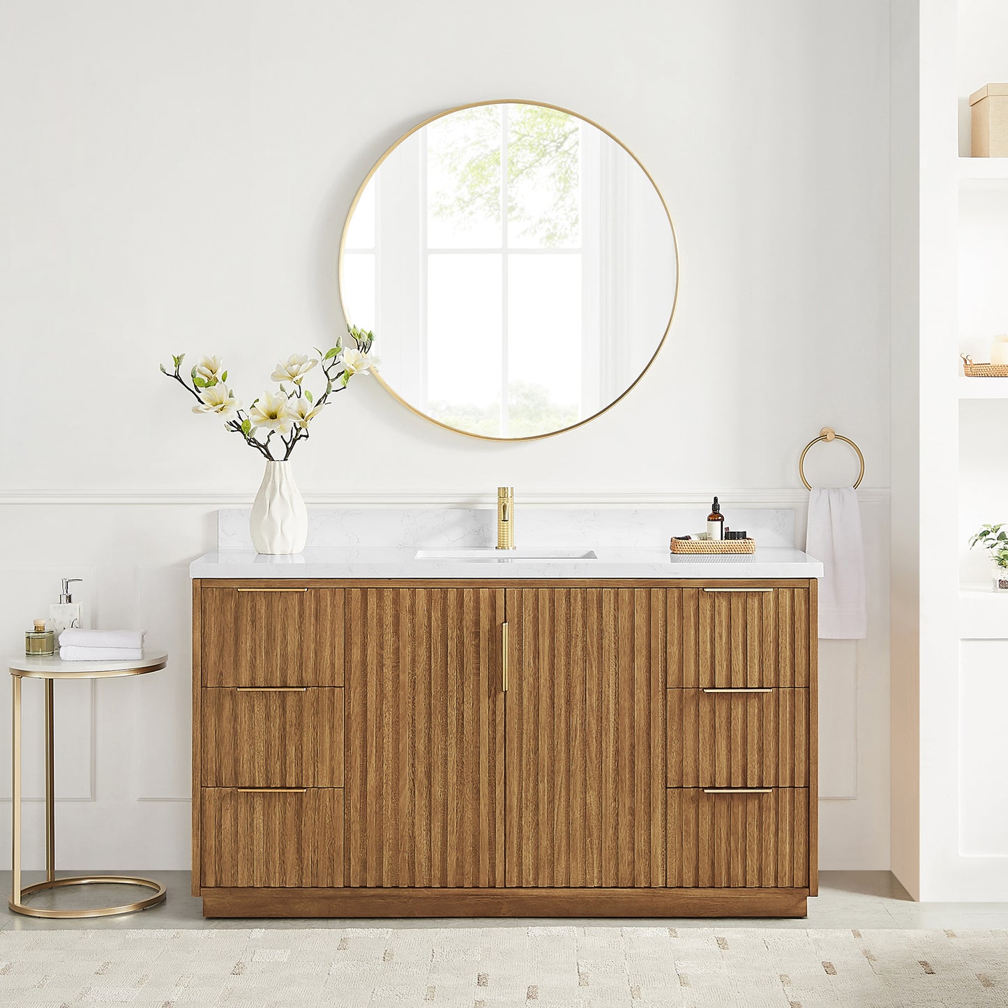 Bangkok 60" Single Sink Bath Vanity in Mango Wood Light Brown with White Grain Composite Stone Top
