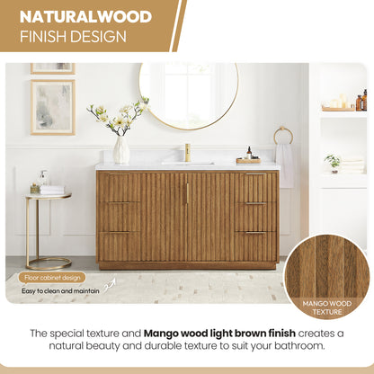 Bangkok 60" Single Sink Bath Vanity in Mango Wood Light Brown with White Grain Composite Stone Top