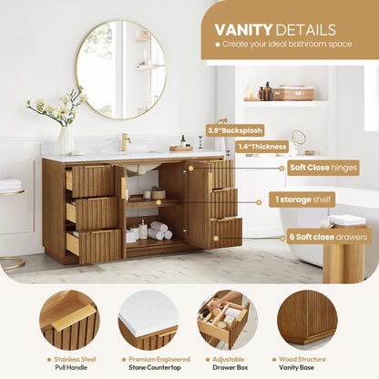 Bangkok 60" Single Sink Bath Vanity in Mango Wood Light Brown with White Grain Composite Stone Top