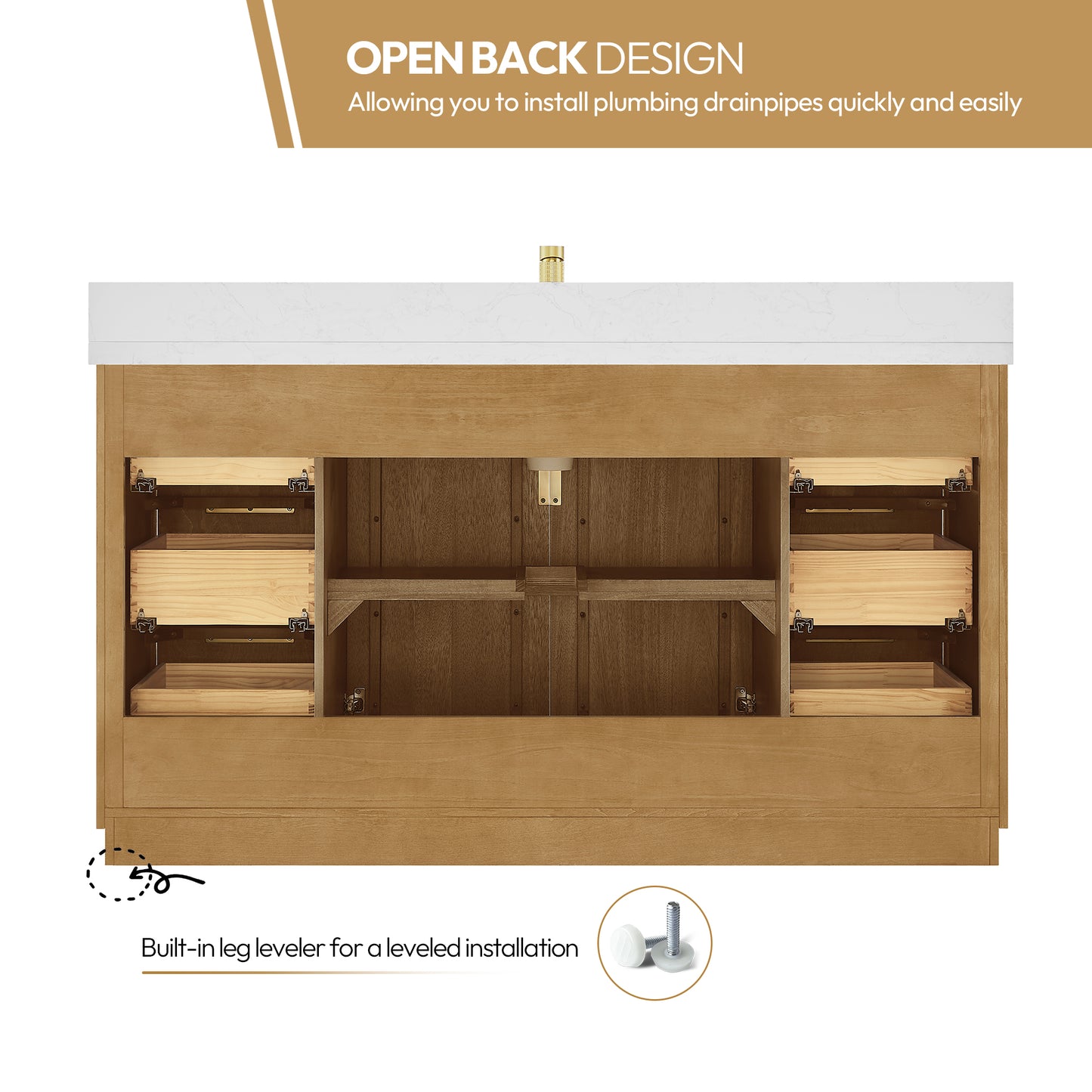 Bangkok 60" Single Sink Bath Vanity in Mango Wood Light Brown with White Grain Composite Stone Top