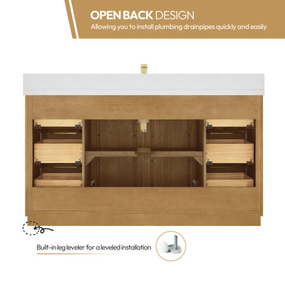 Bangkok 60" Single Sink Bath Vanity in Mango Wood Light Brown with White Grain Composite Stone Top