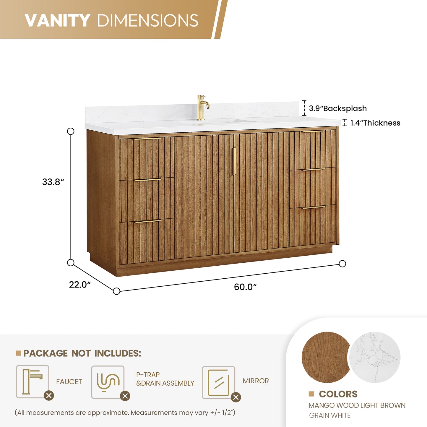 Bangkok 60" Single Sink Bath Vanity in Mango Wood Light Brown with White Grain Composite Stone Top