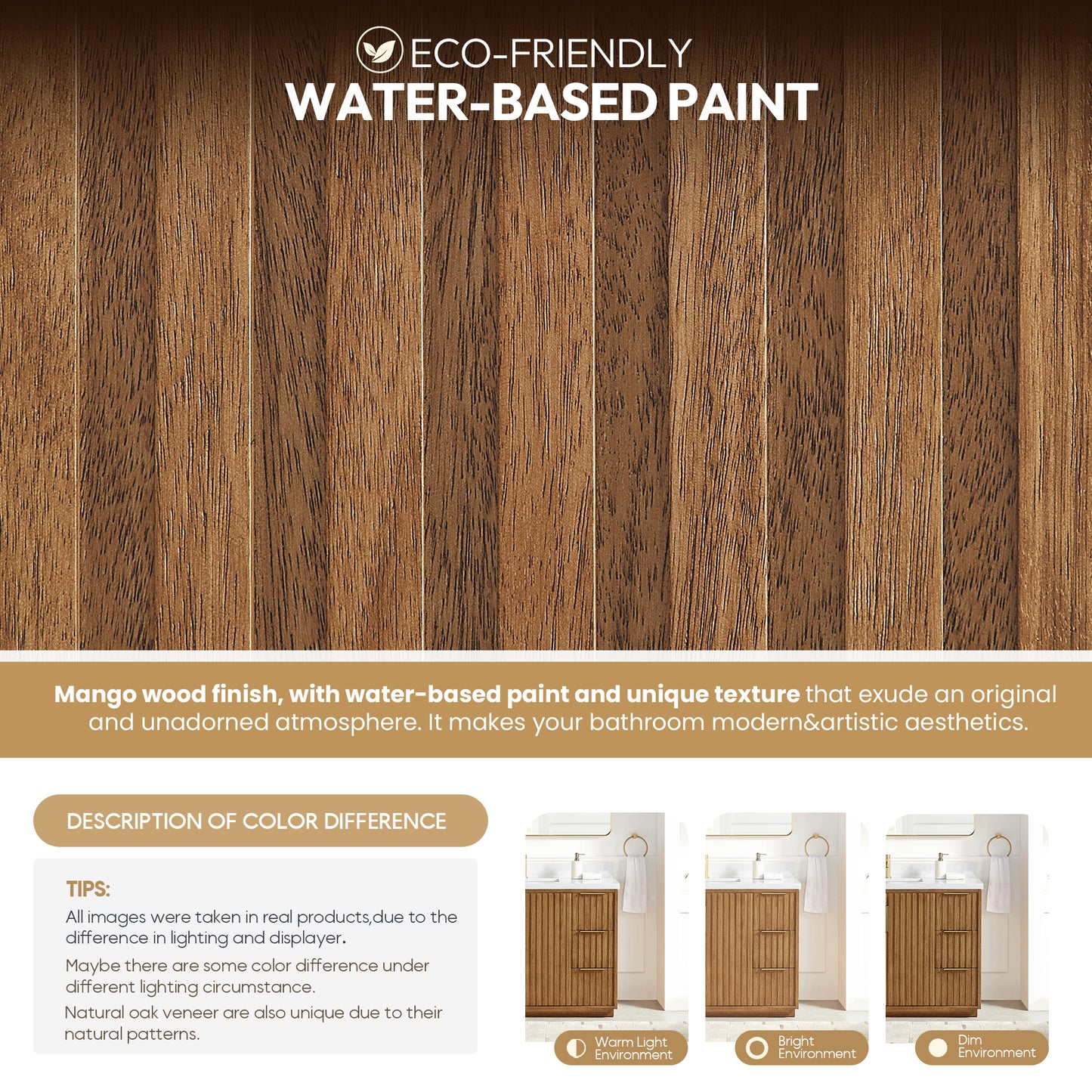 Bangkok 60" Single Sink Bath Vanity in Mango Wood Light Brown with White Grain Composite Stone Top
