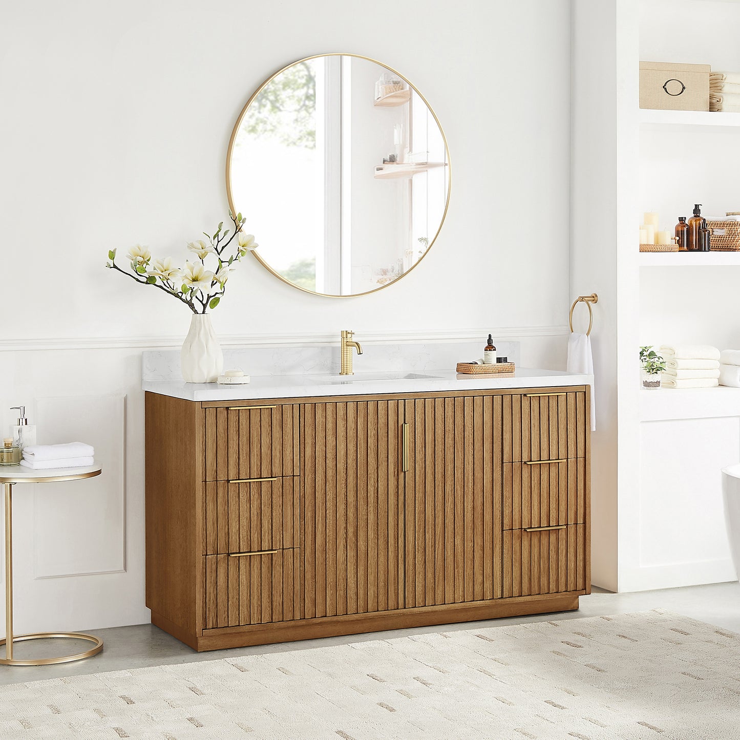 Bangkok 60" Single Sink Bath Vanity in Mango Wood Light Brown with White Grain Composite Stone Top
