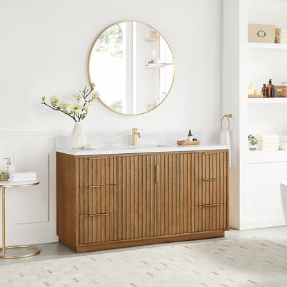 Bangkok 60" Single Sink Bath Vanity in Mango Wood Light Brown with White Grain Composite Stone Top