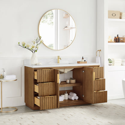 Bangkok 60" Single Sink Bath Vanity in Mango Wood Light Brown with White Grain Composite Stone Top