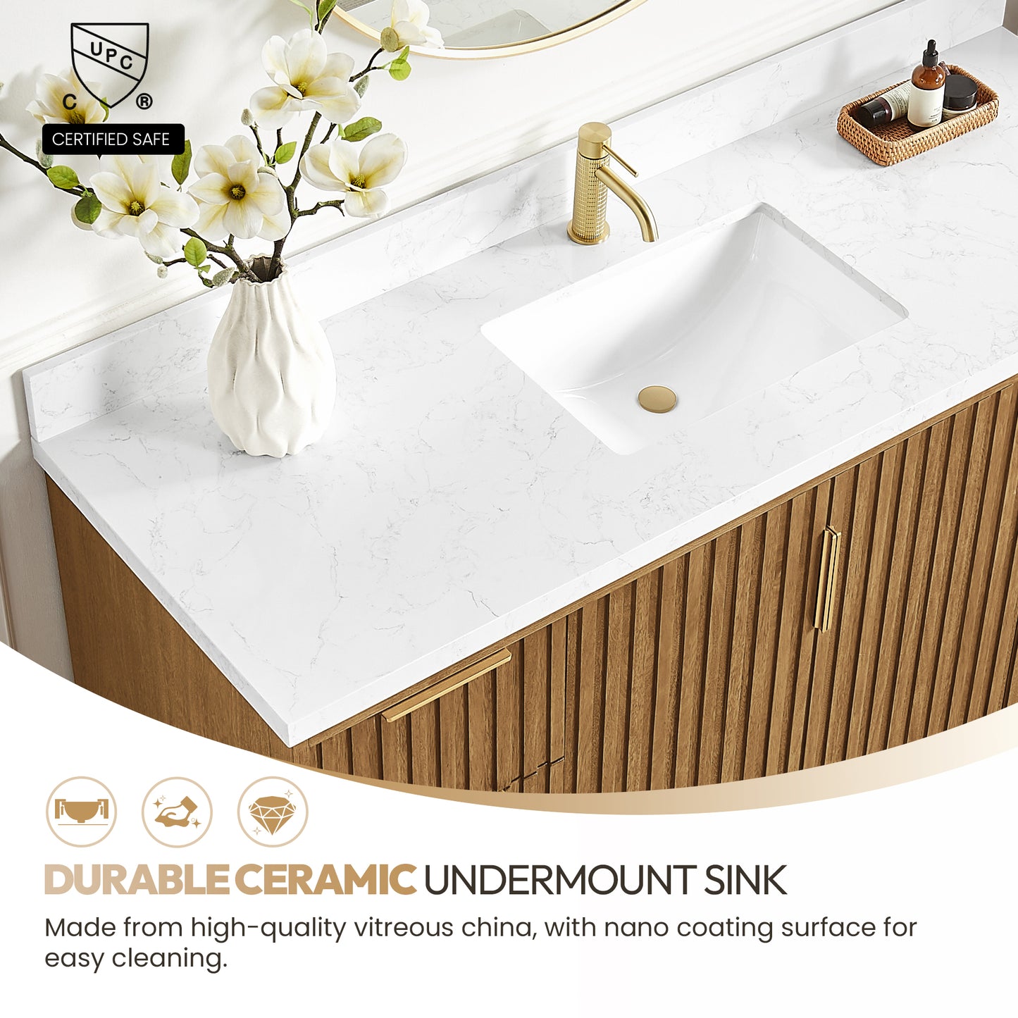 Bangkok 60" Single Sink Bath Vanity in Mango Wood Light Brown with White Grain Composite Stone Top