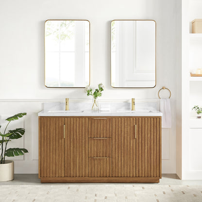 Bangkok 60" Double Sink Bath Vanity in Mango Wood Light Brown with White Grain Composite Stone Top