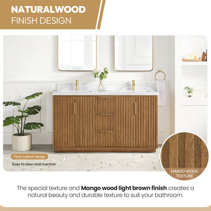 Bangkok 60" Double Sink Bath Vanity in Mango Wood Light Brown with White Grain Composite Stone Top