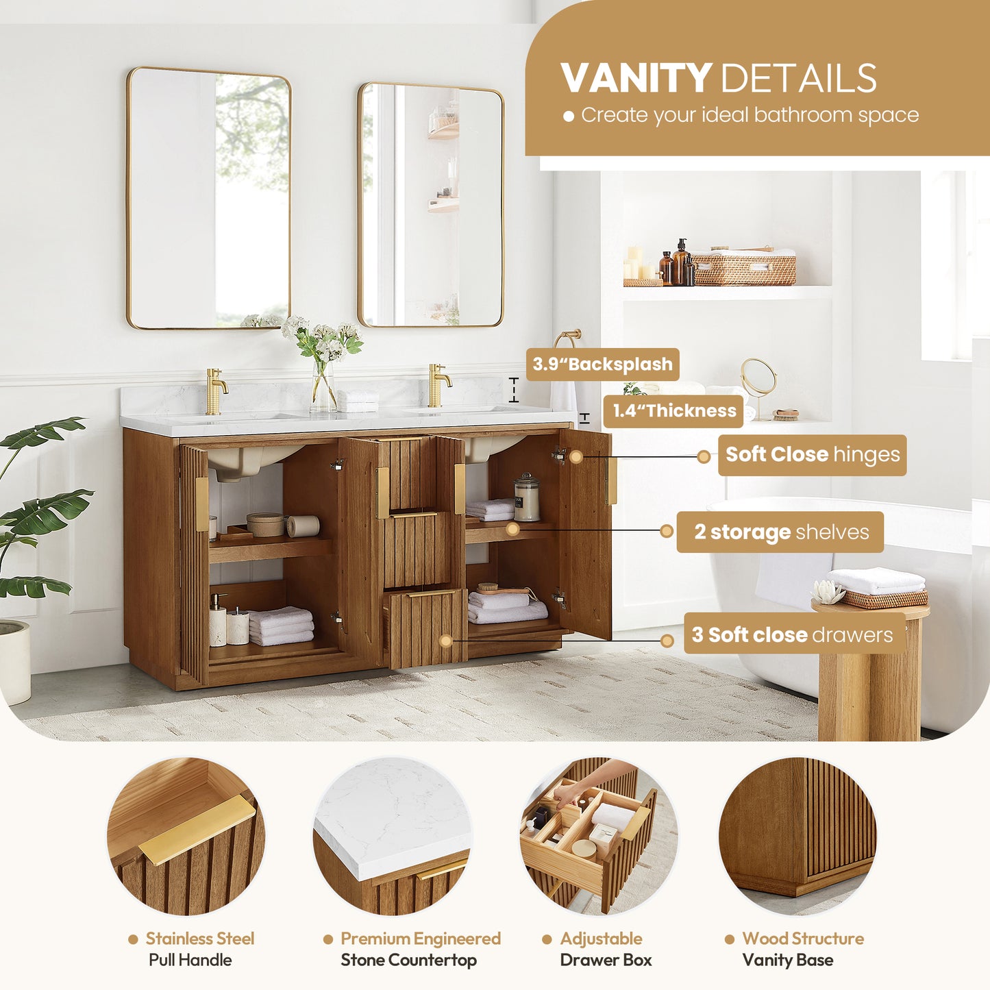 Bangkok 60" Double Sink Bath Vanity in Mango Wood Light Brown with White Grain Composite Stone Top