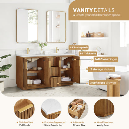 Bangkok 60" Double Sink Bath Vanity in Mango Wood Light Brown with White Grain Composite Stone Top
