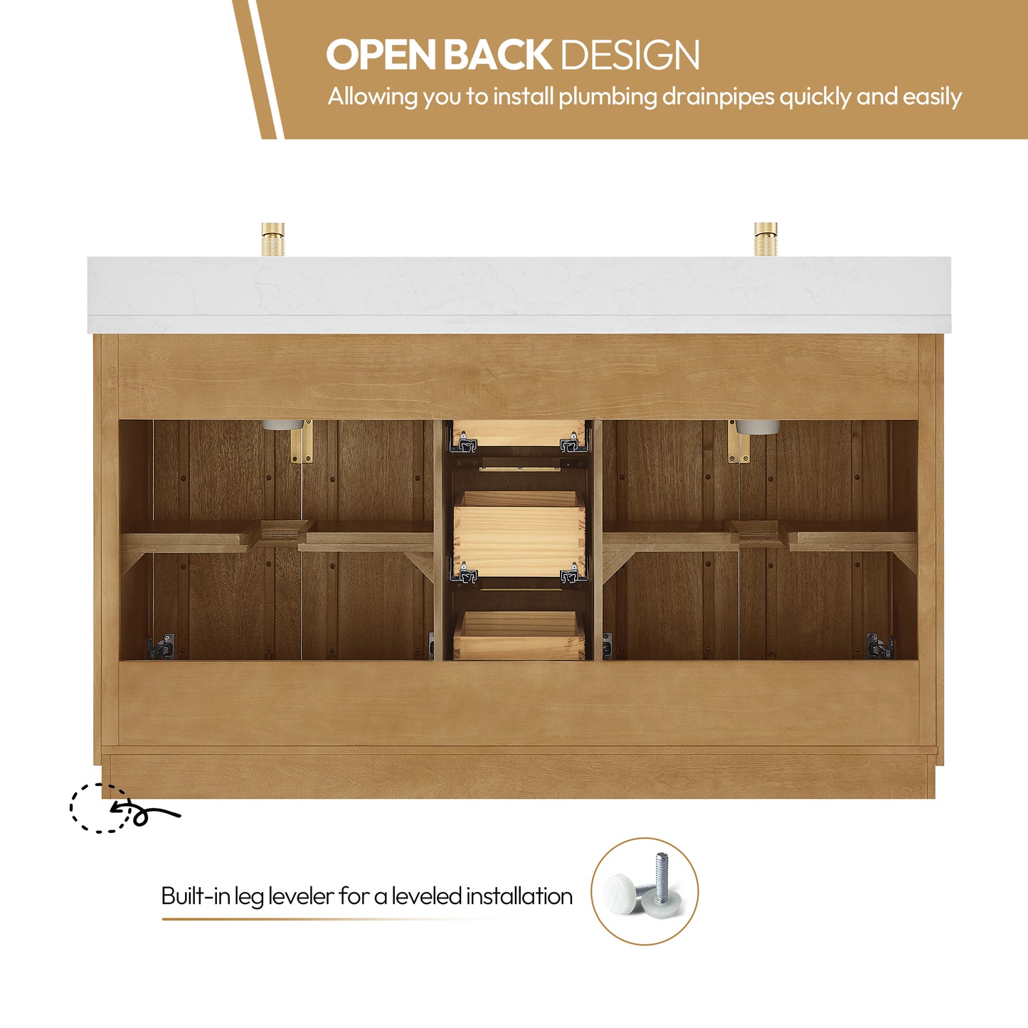 Bangkok 60" Double Sink Bath Vanity in Mango Wood Light Brown with White Grain Composite Stone Top
