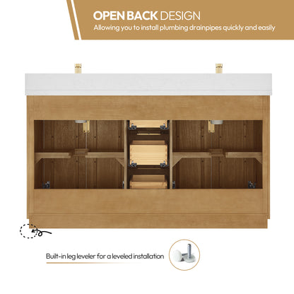 Bangkok 60" Double Sink Bath Vanity in Mango Wood Light Brown with White Grain Composite Stone Top