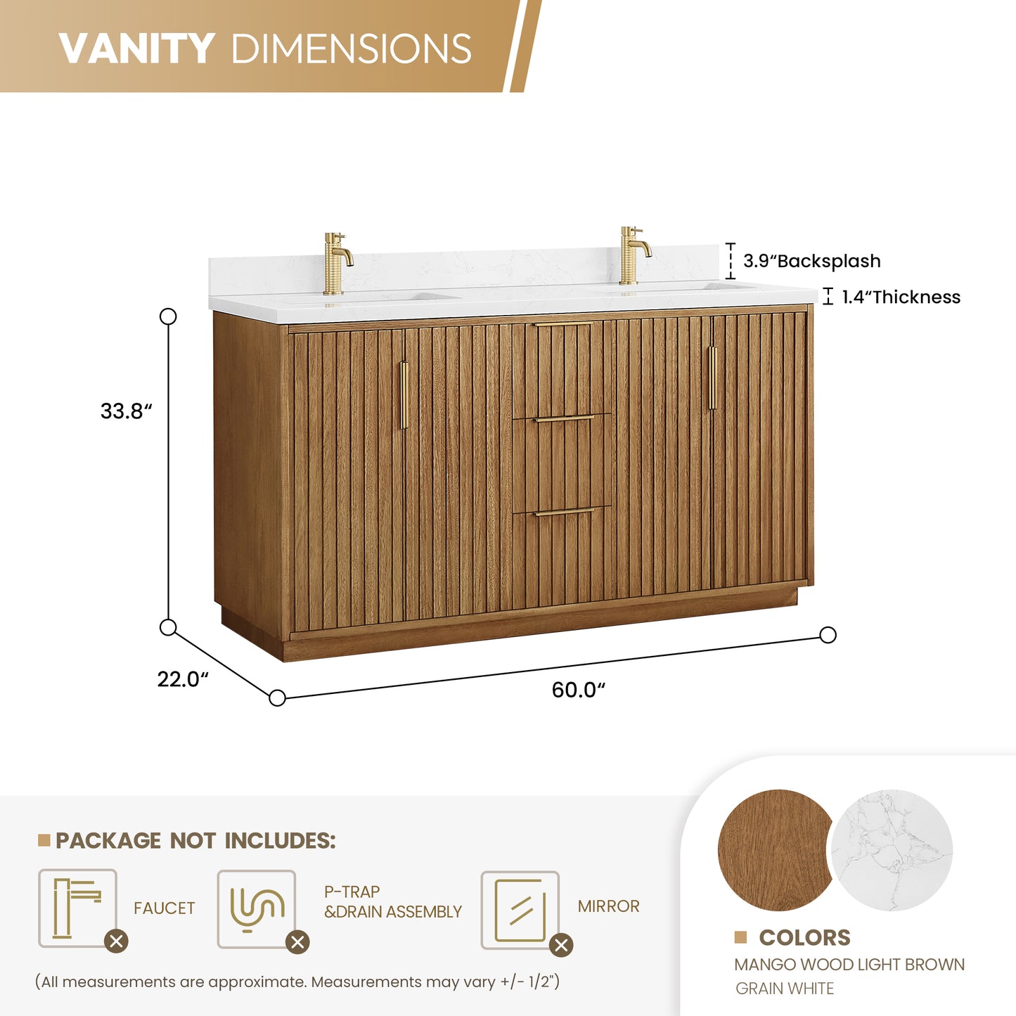 Bangkok 60" Double Sink Bath Vanity in Mango Wood Light Brown with White Grain Composite Stone Top