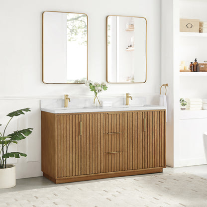 Bangkok 60" Double Sink Bath Vanity in Mango Wood Light Brown with White Grain Composite Stone Top