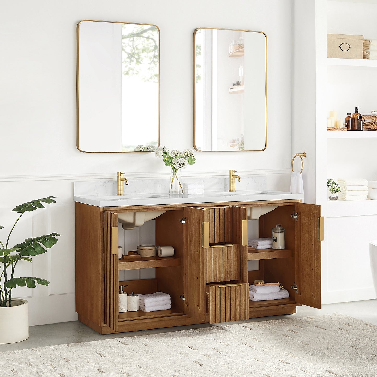 Bangkok 60" Double Sink Bath Vanity in Mango Wood Light Brown with White Grain Composite Stone Top