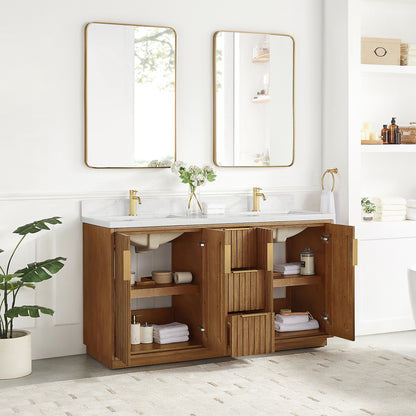 Bangkok 60" Double Sink Bath Vanity in Mango Wood Light Brown with White Grain Composite Stone Top