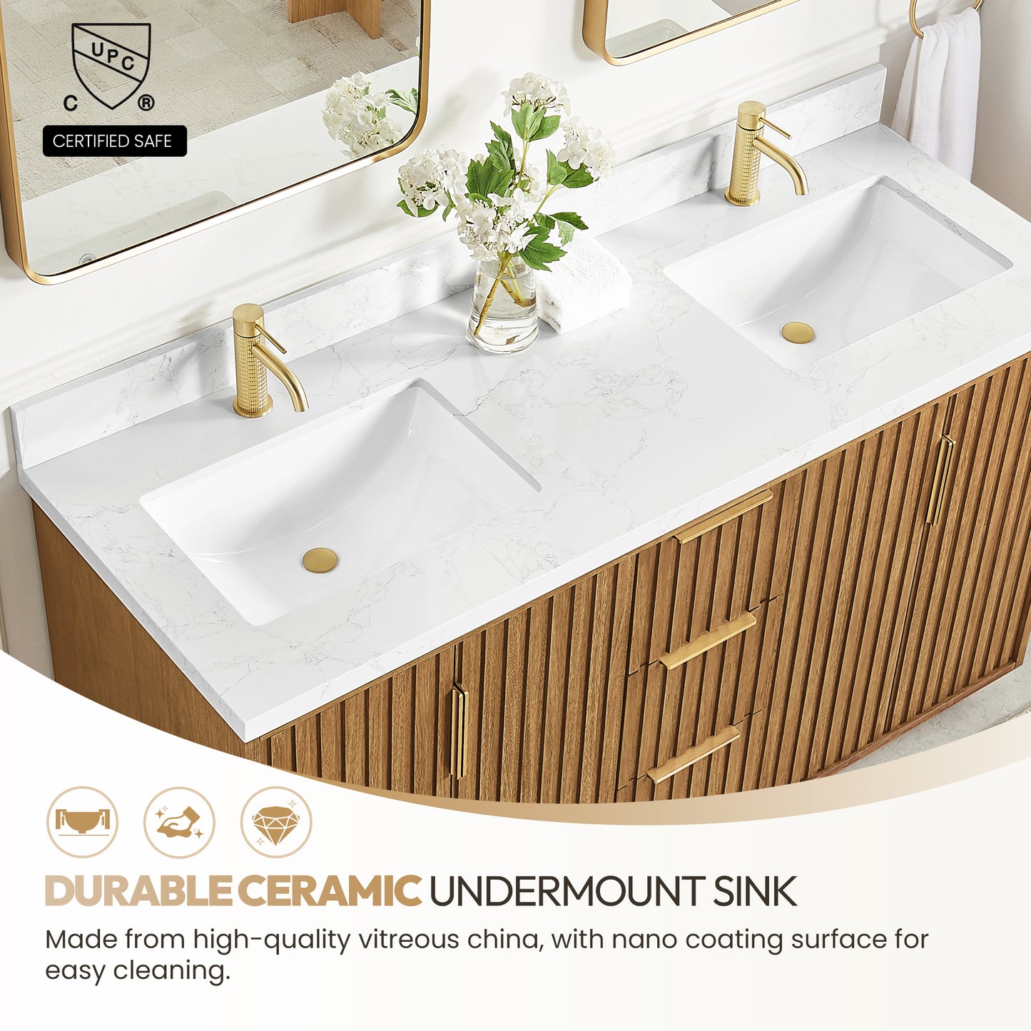 Bangkok 60" Double Sink Bath Vanity in Mango Wood Light Brown with White Grain Composite Stone Top