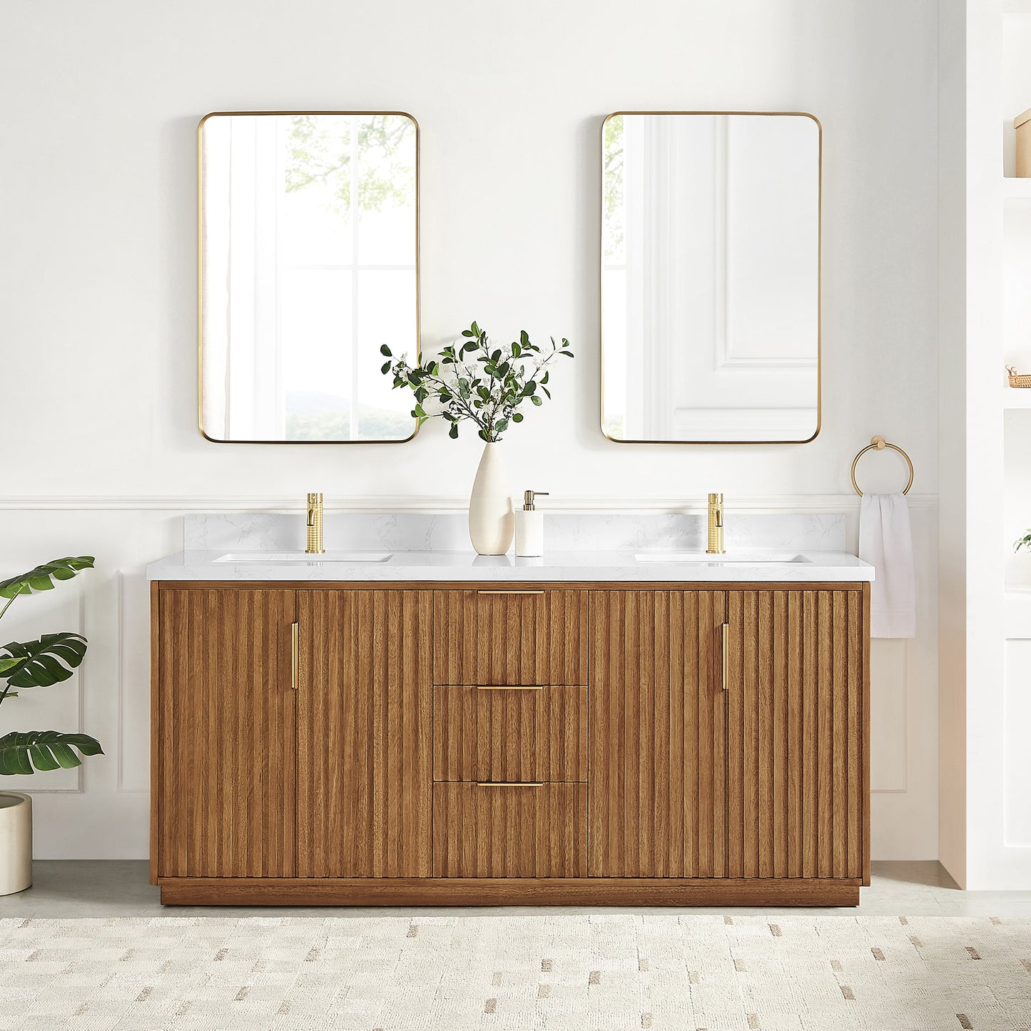 Bangkok 72" Double Sink Bath Vanity in Mango Wood Light Brown with White Grain Composite Stone Top