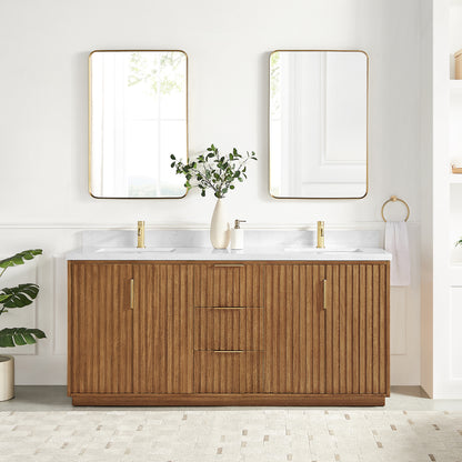 Bangkok 72" Double Sink Bath Vanity in Mango Wood Light Brown with White Grain Composite Stone Top