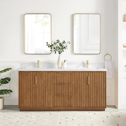 Bangkok 72" Double Sink Bath Vanity in Mango Wood Light Brown with White Grain Composite Stone Top