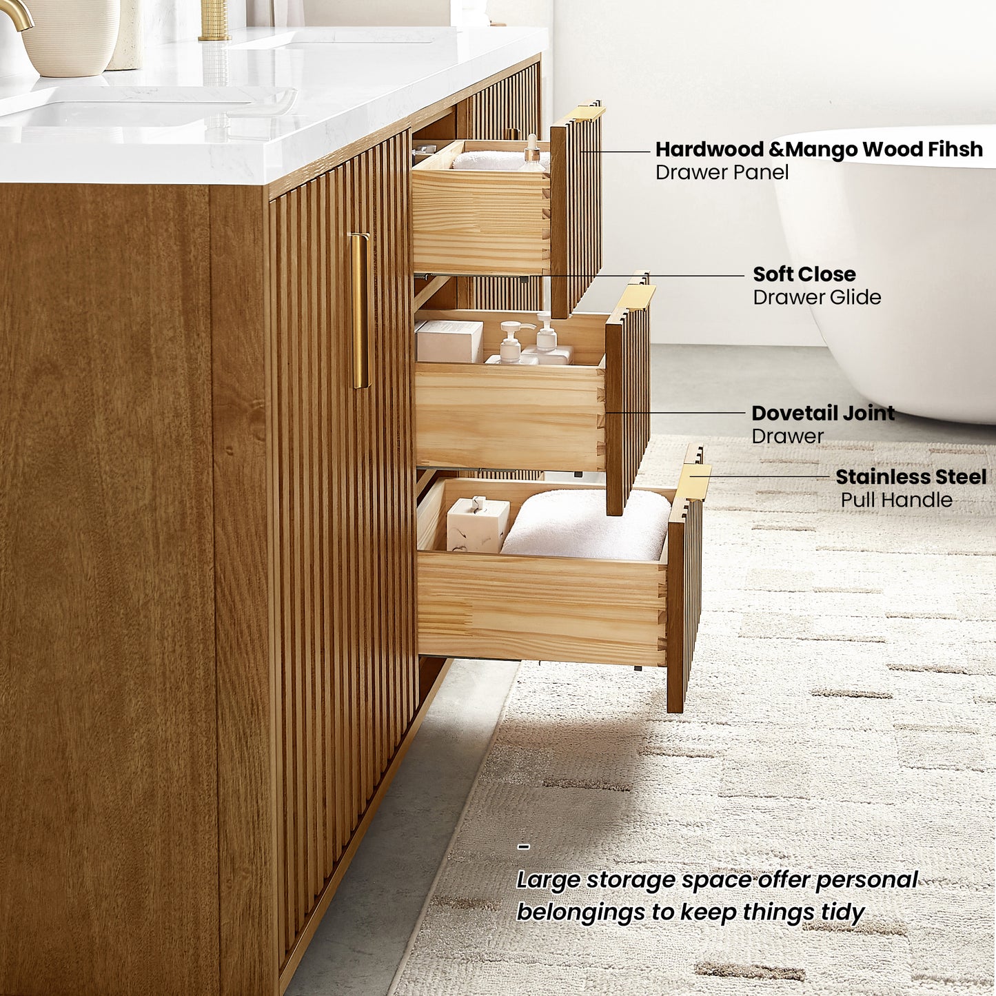 Bangkok 72" Double Sink Bath Vanity in Mango Wood Light Brown with White Grain Composite Stone Top