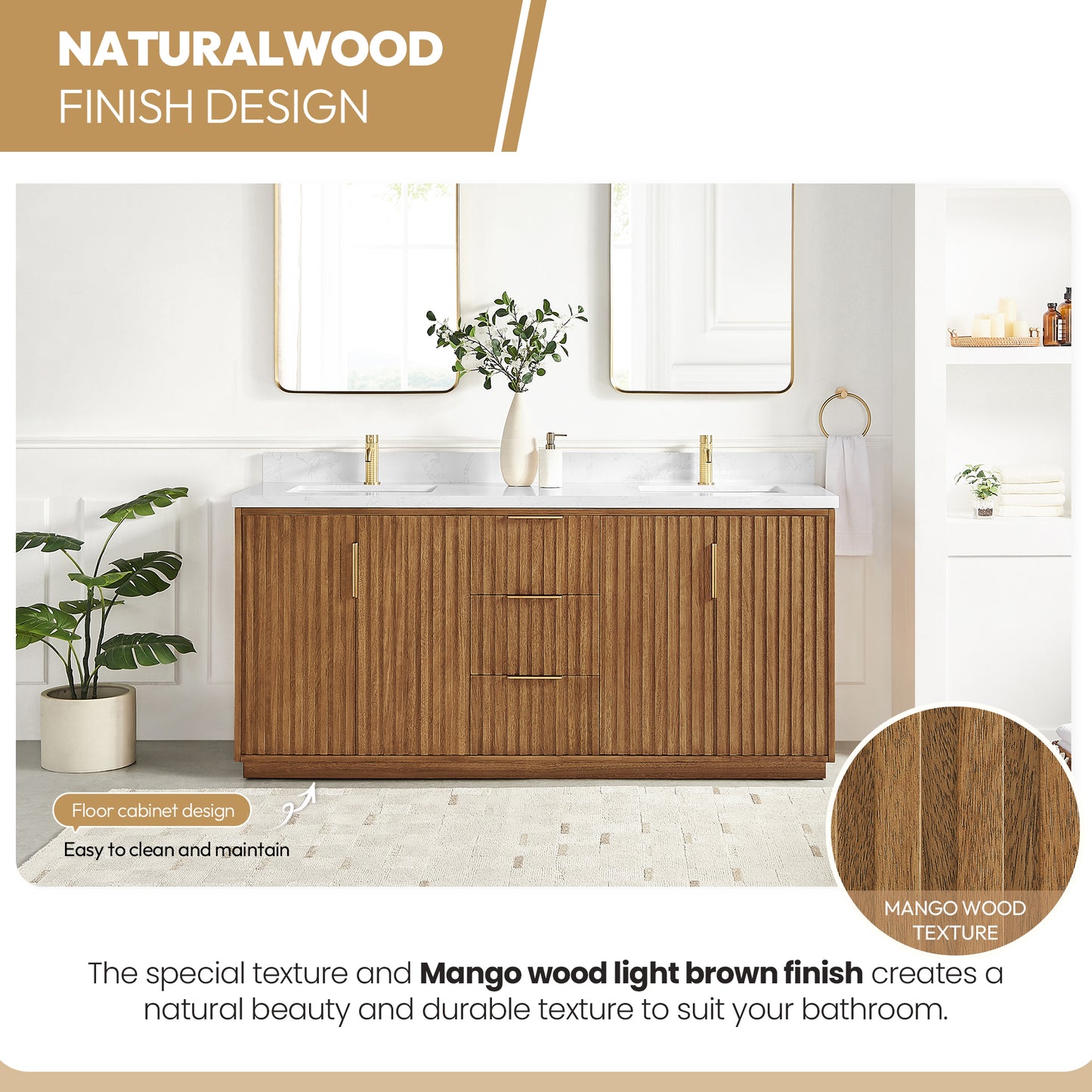 Bangkok 72" Double Sink Bath Vanity in Mango Wood Light Brown with White Grain Composite Stone Top