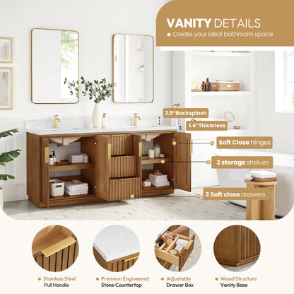 Bangkok 72" Double Sink Bath Vanity in Mango Wood Light Brown with White Grain Composite Stone Top