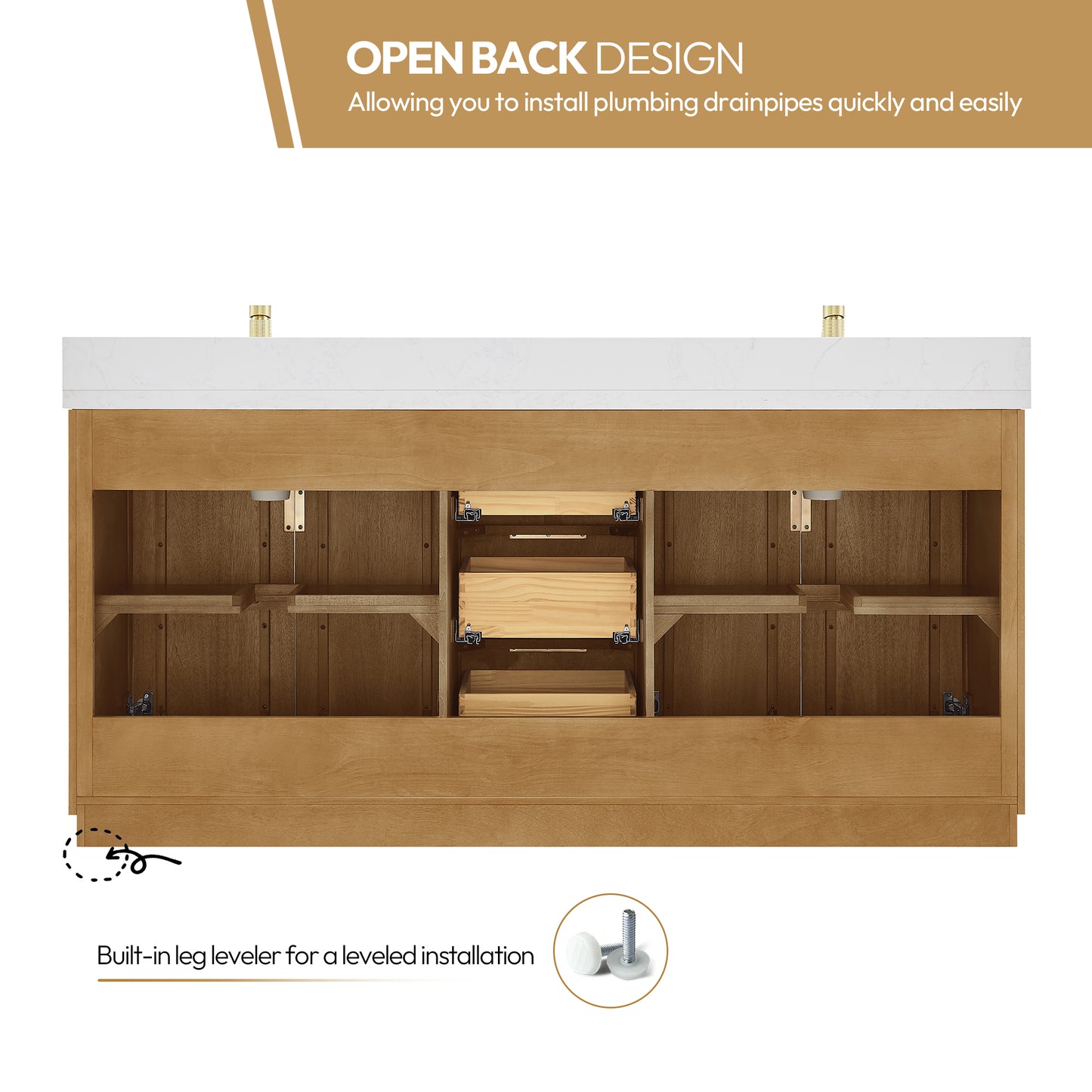 Bangkok 72" Double Sink Bath Vanity in Mango Wood Light Brown with White Grain Composite Stone Top