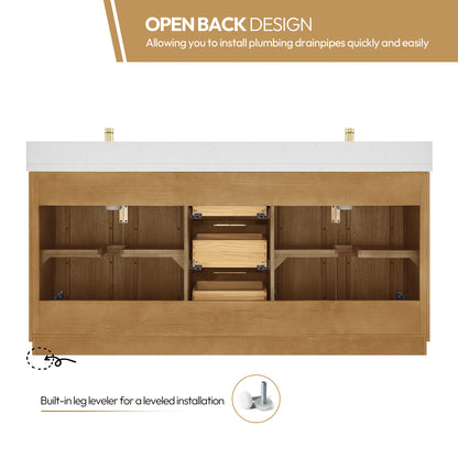 Bangkok 72" Double Sink Bath Vanity in Mango Wood Light Brown with White Grain Composite Stone Top