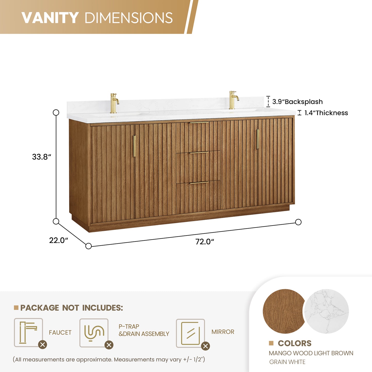Bangkok 72" Double Sink Bath Vanity in Mango Wood Light Brown with White Grain Composite Stone Top