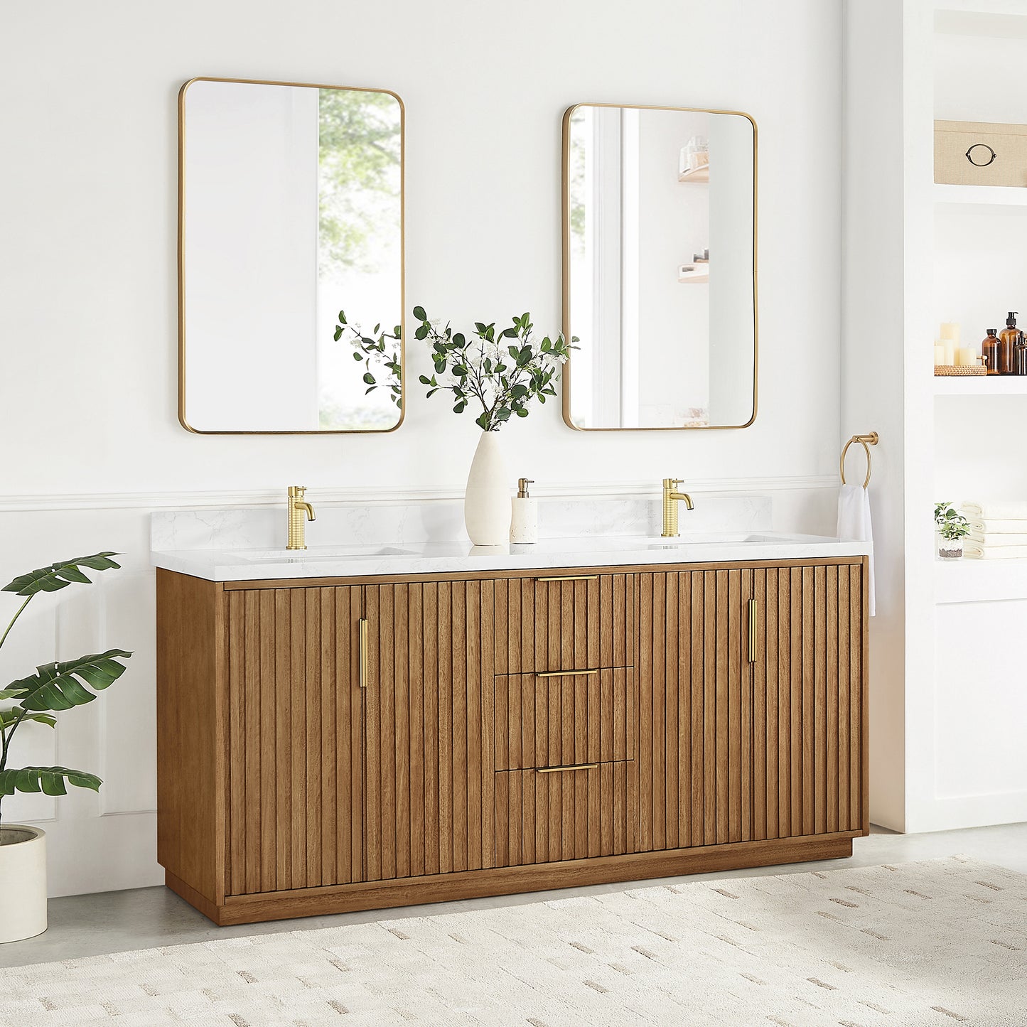 Bangkok 72" Double Sink Bath Vanity in Mango Wood Light Brown with White Grain Composite Stone Top