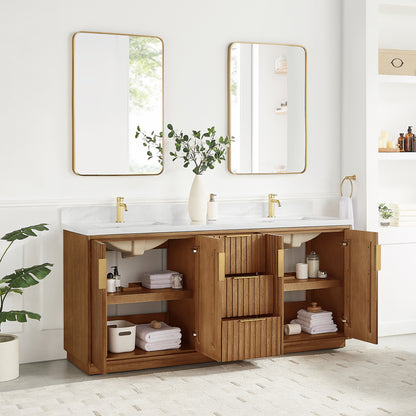 Bangkok 72" Double Sink Bath Vanity in Mango Wood Light Brown with White Grain Composite Stone Top