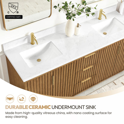 Bangkok 72" Double Sink Bath Vanity in Mango Wood Light Brown with White Grain Composite Stone Top
