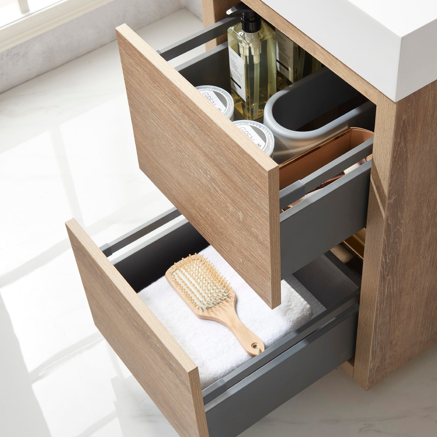 Huesca 18" Single Sink Bath Vanity in North American Oak with White Composite Integral Square Sink Top
