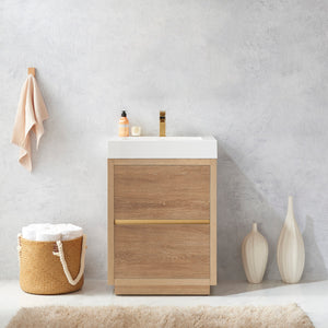 Open image in slideshow, Huesca 24&quot; Single Sink Bath Vanity in North American Oak with White Composite Integral Square Sink Top
