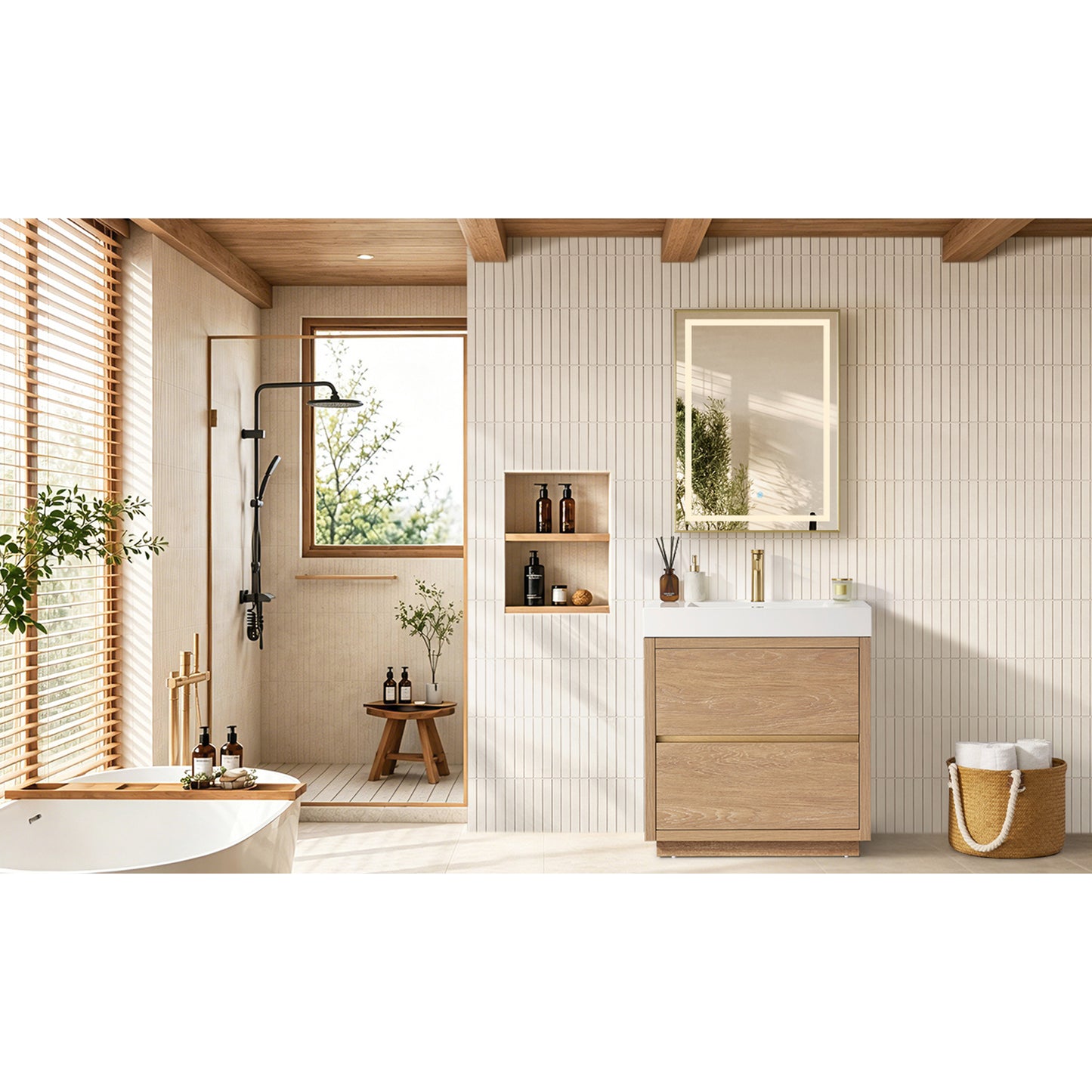 Huesca 30" Single Sink Bath Vanity in North American Oak and Mirror