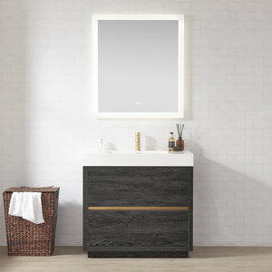 Open image in slideshow, Huesca 36&quot; Single Sink Bath Vanity in North American Black Oak with White Composite Integral Square Sink Top
