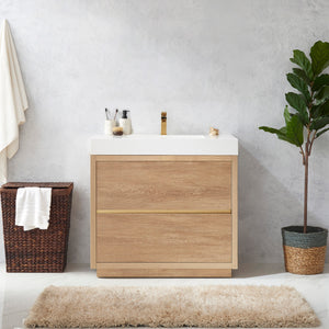 Open image in slideshow, Huesca 36&quot; Single Sink Bath Vanity in North American Oak with White Composite Integral Square Sink Top

