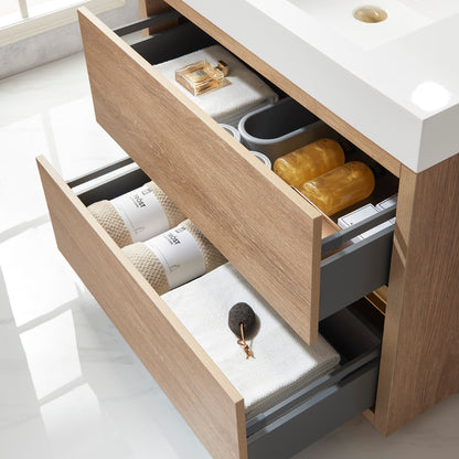 Huesca 36" Single Sink Bath Vanity in North American Oak with White Composite Integral Square Sink Top