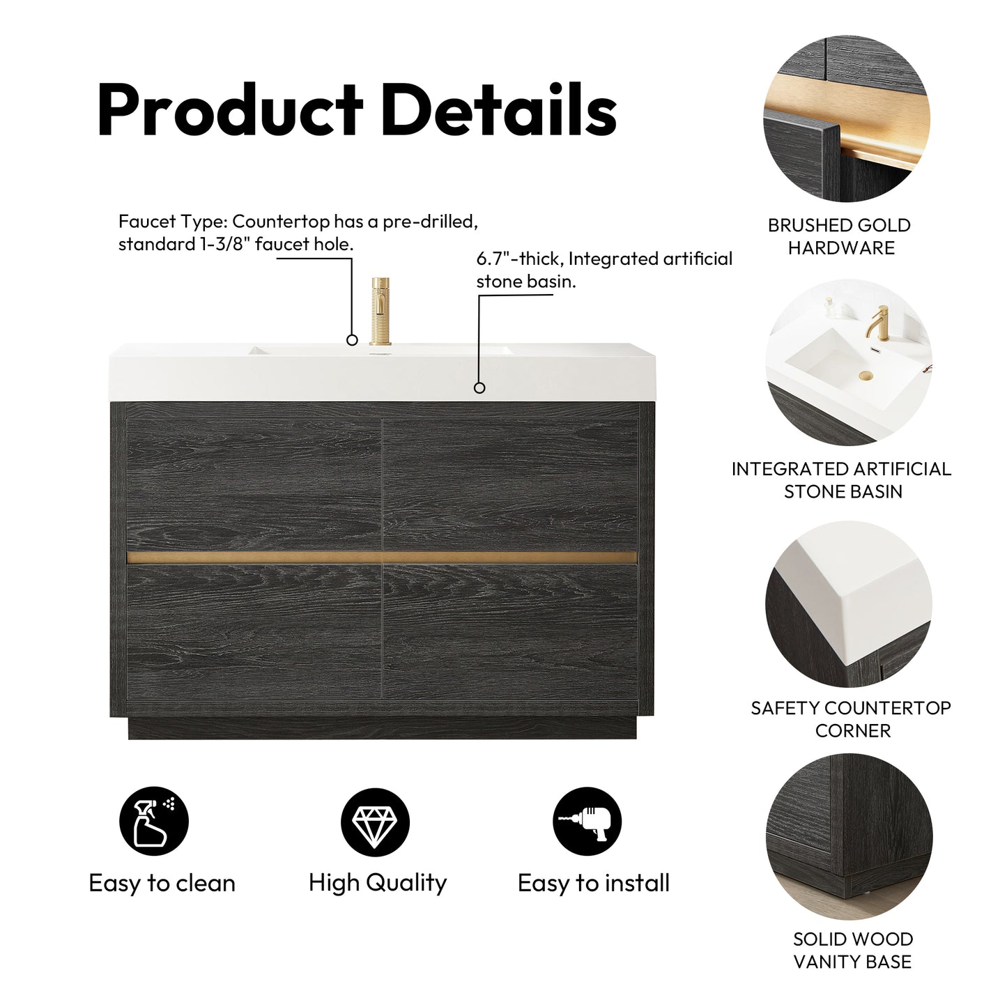 Huesca 48" Single Sink Bath Vanity in North American Black Oak with White Composite Integral Square Sink Top