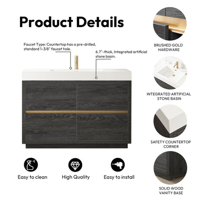 Huesca 48" Single Sink Bath Vanity in North American Black Oak with White Composite Integral Square Sink Top